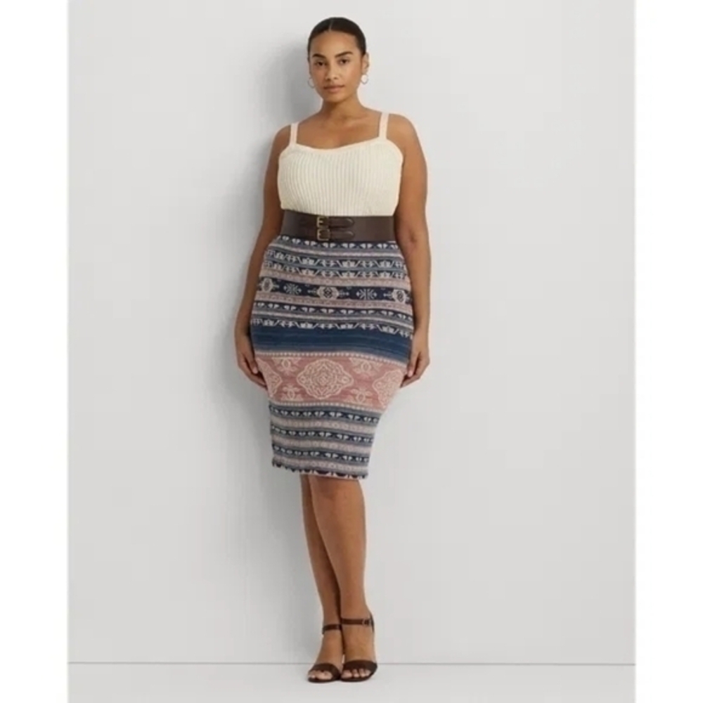 NWT LAUREN RALPH LAUREN Curve Geo-Motif Linen-Cotton Pencil Skirt